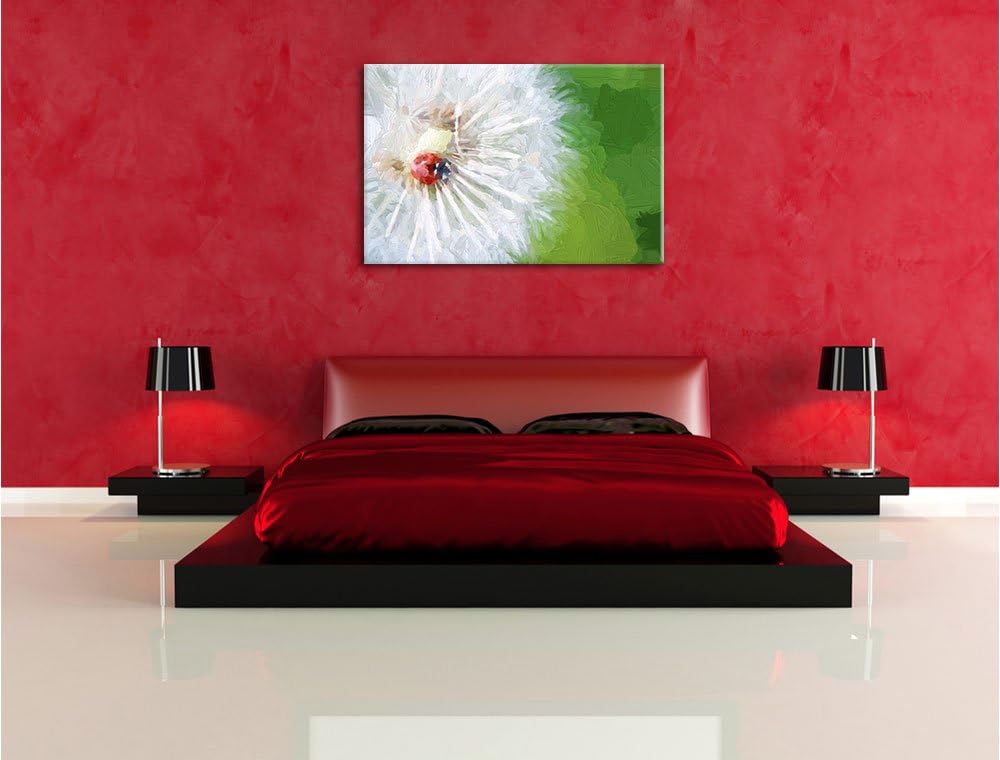 Pixxprint Marienkäfer auf einem Löwenzahn / 100x70cm Leinwandbild bespannt auf Holzrahmen/Wandbild K