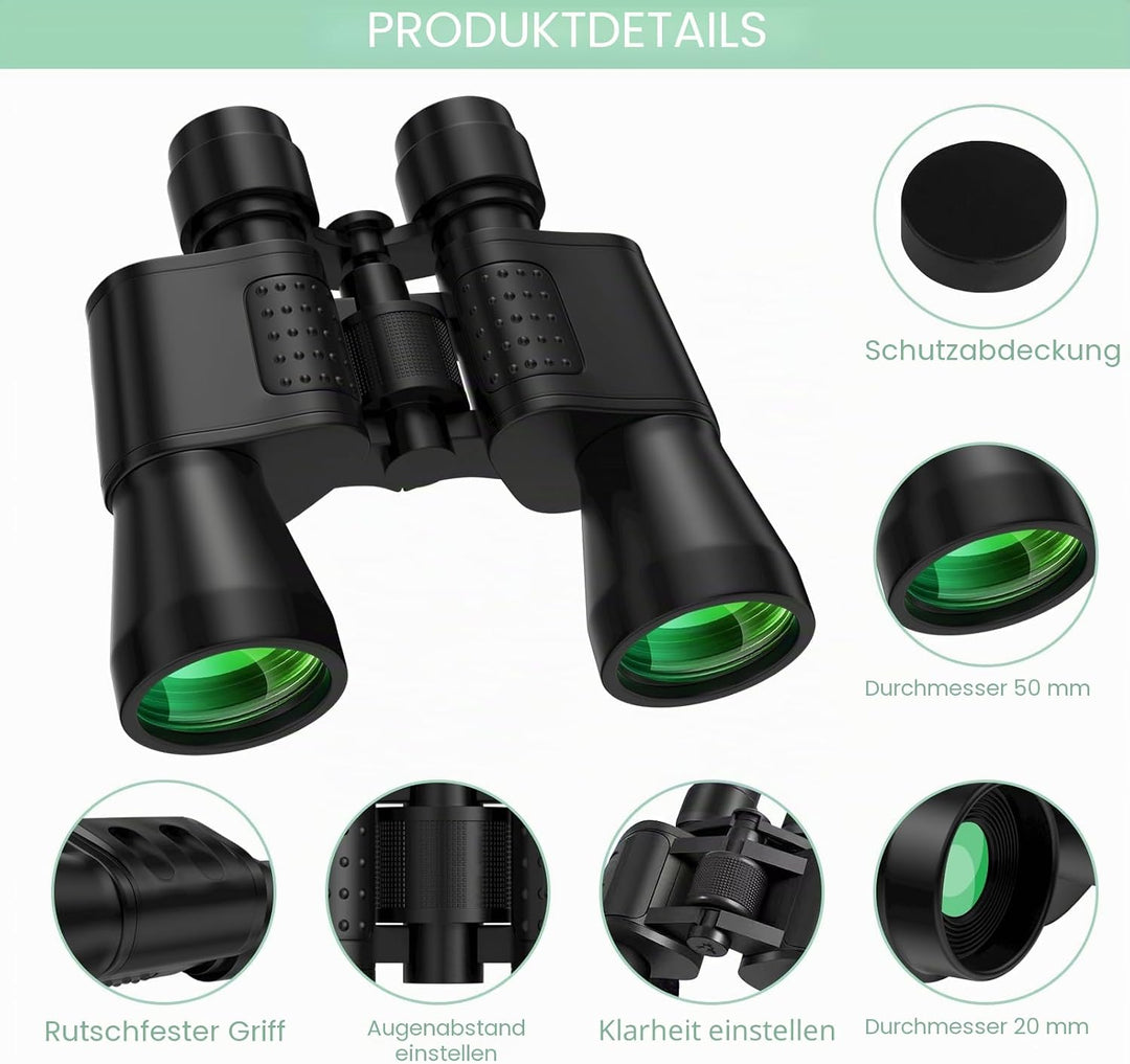20×50 Fernglas, Fernglas Erwachsene mit BAK9 Prism, Ferngläser mit Trageriemen und Tasche, Feldstech