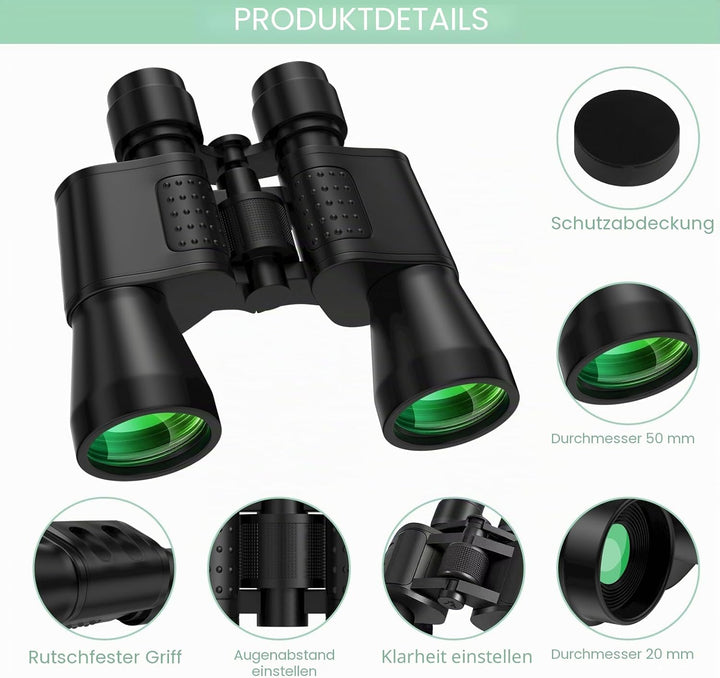 20×50 Fernglas, Fernglas Erwachsene mit BAK9 Prism, Ferngläser mit Trageriemen und Tasche, Feldstech