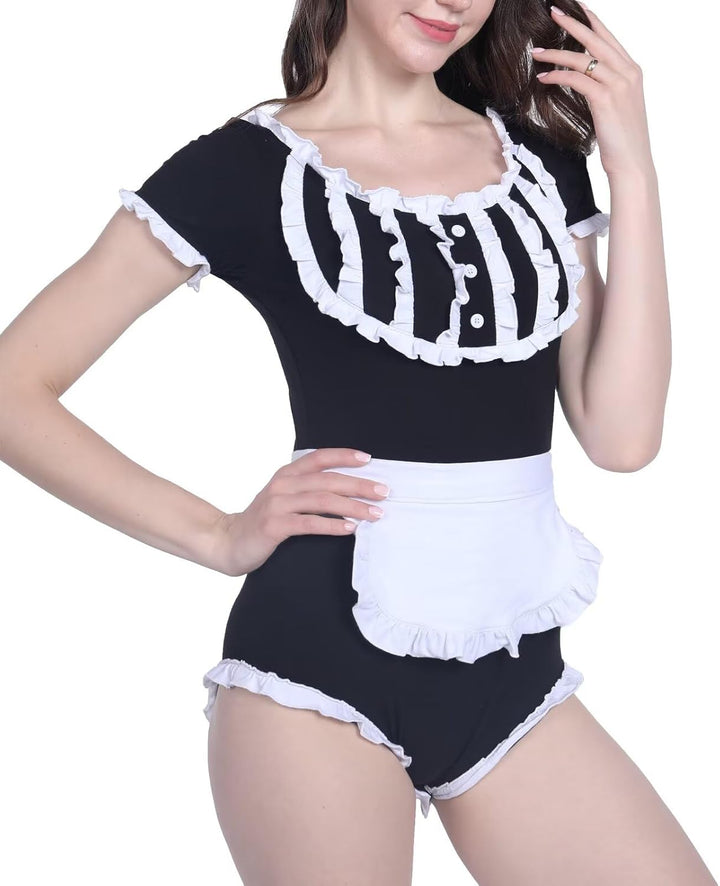 Landofgenie Damen Schwarz Langarm Baumwolle Bodysuit Onesie Pyjamas Maid Outfit Schwarz S, Schwarz S