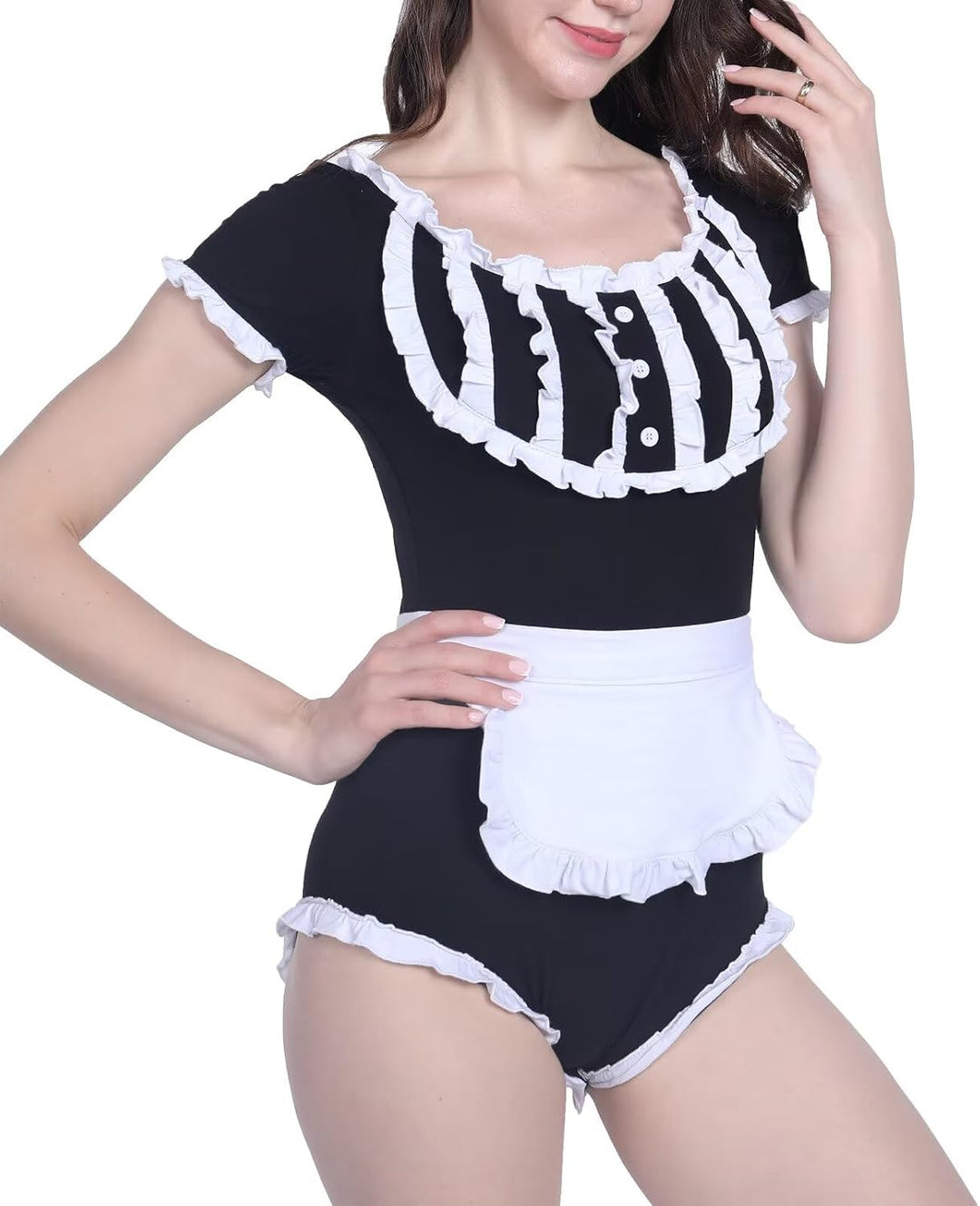 Landofgenie Damen Schwarz Langarm Baumwolle Bodysuit Onesie Pyjamas Maid Outfit Schwarz M, Schwarz M