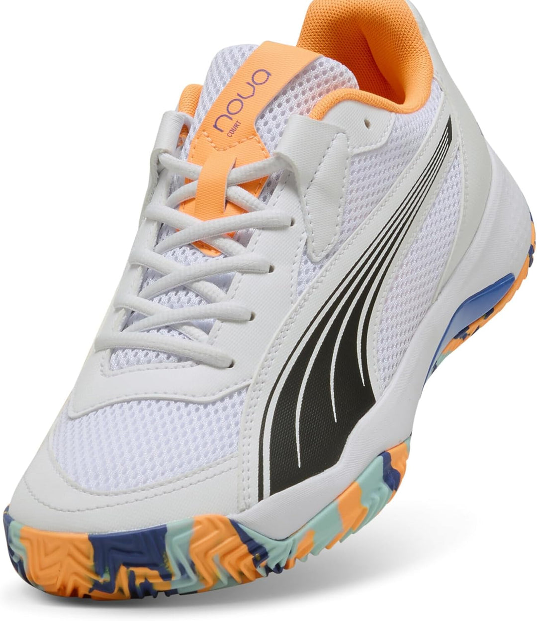 PUMA Unisex Nova Court Tennis Shoe, Puma White Puma Black Vivid Blue Heat Fire