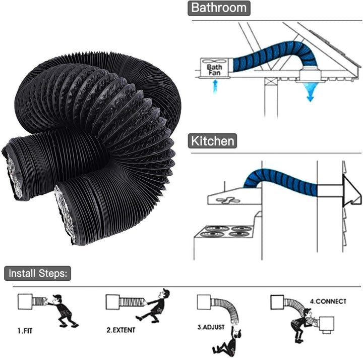 Aluflexschlauch PVC Lüftungsschlauch 10m (200mm) Schwarz - Flexibel, Hohe Druckfestigkeit, Für Lüftu