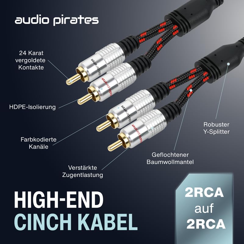 audio pirates Cinch Kabel 2x RCA Stecker auf 2x RCA Stecker, Audio-Kabel | Audiokabel mit Ummantelun
