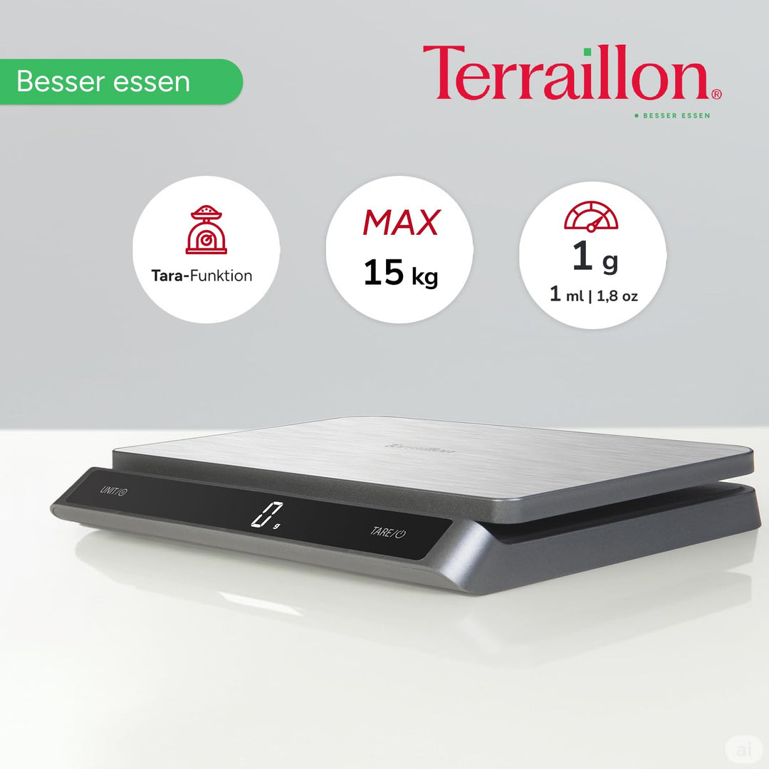 TERRAILLON - PRO USB15 – Professionelle elektronische Küchenwaage, grosse Platte aus Edelstahl, 23 x
