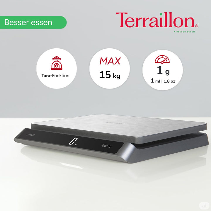 TERRAILLON - PRO USB15 – Professionelle elektronische Küchenwaage, grosse Platte aus Edelstahl, 23 x