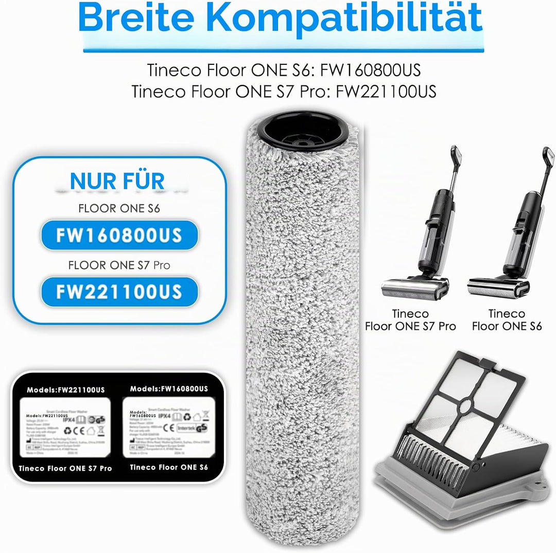 【Version 2, Abnehmbar】(3 Stück) One S6 Bürstenrollen und HEPA-Filter kompatibel mit den Nass-Trocken