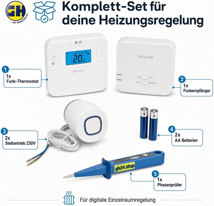 SmartHome Heizung Einzelraumregelung Digitaler Funk Raumthermostat mit Empfänger und 2 Stück Stellan