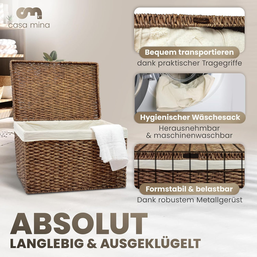 Casa Mina® Wäschetruhe mit Deckel 70 x 44 x 45cm hoch I Atmungsaktive Wäschetruhe geflochten aus 100