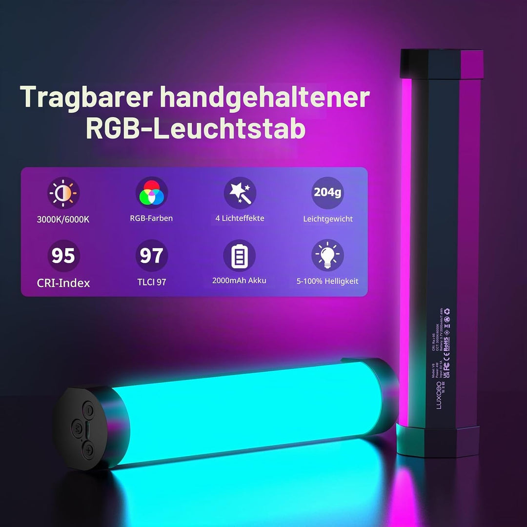 LUXCEO V8 LED Lichtstab, RGB LED Videoleuchte für Fotografie, Dimmbare 3000K/6000K,RGB Kamera Licht