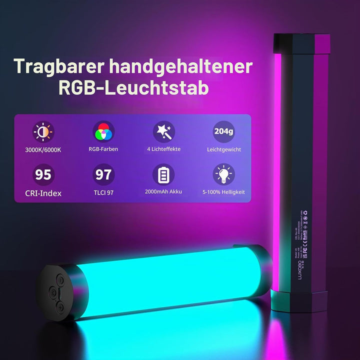 LUXCEO V8 LED Lichtstab, RGB LED Videoleuchte für Fotografie, Dimmbare 3000K/6000K,RGB Kamera Licht