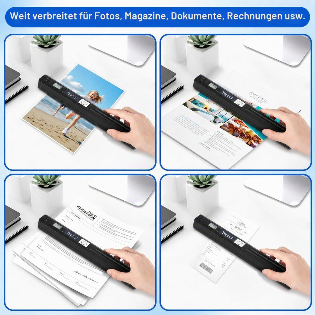 Handscanner Dokumentenscanner, A4 900 DPI Hohe Auflösung Farbfoto Portable Scanner, JPG/PDF Format U