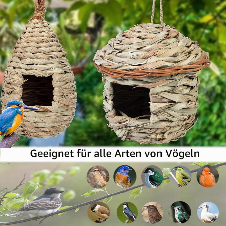 Gras Bird Nest, 2 Stück Handgewebtes Vogelnest aus Gras – Hängende Vogelhäuschen für Aussen &amp; Käfig
