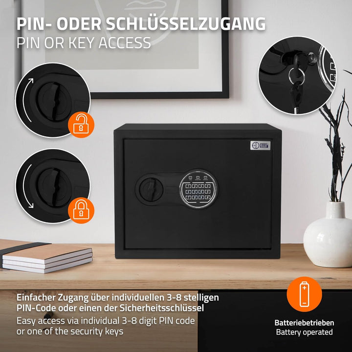 ECD Germany Safe Tresor Feuerfest 27L 38x30x29,5cm, Stahl, Wandtresor mit Sensorlicht & Digitale Tas