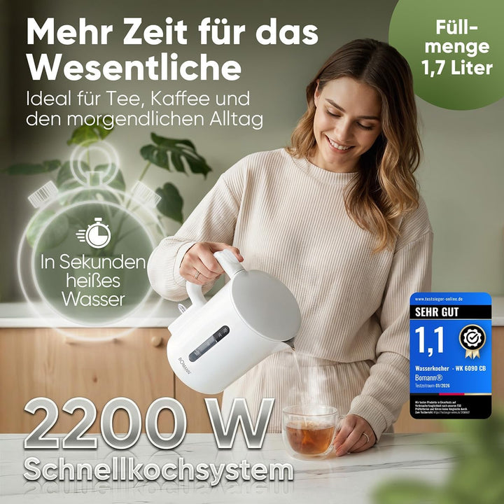 Bomann Wasserkocher 1,7L | 2200W für schnelles Erhitzen | BPA frei | Einhandbedienung | Wasserstands