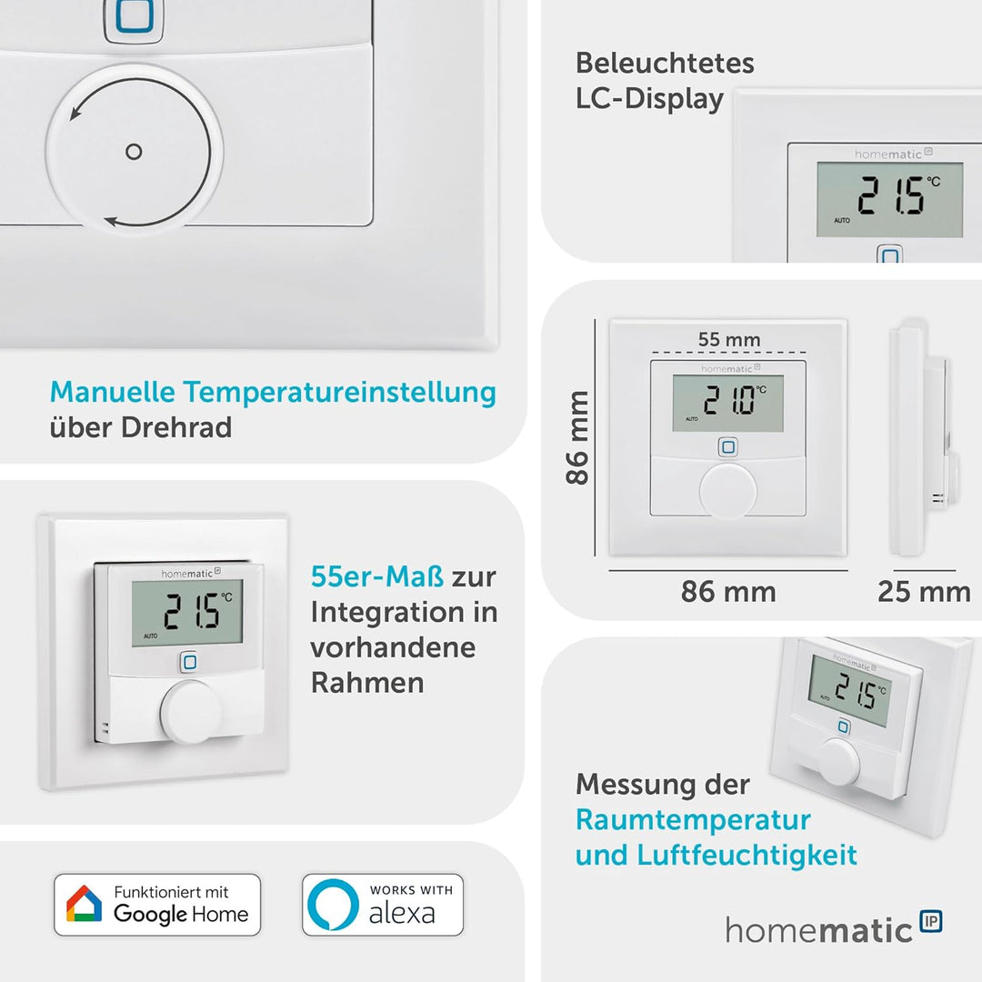 Homematic IP Smart Home Wandthermostat mit Luftfeuchtigkeitssensor, digitales Thermostat Heizkörper/