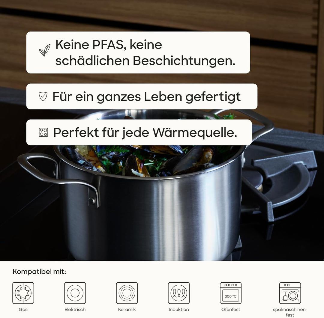 Gastrotools Edelstahl Kochtopf 4L, 20cm, 5-Schicht für gleichmässige Wärme, PFAS-frei, backofenfest