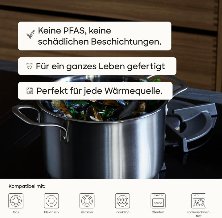 Gastrotools Edelstahl Kochtopf 4L, 20cm, 5-Schicht für gleichmässige Wärme, PFAS-frei, backofenfest
