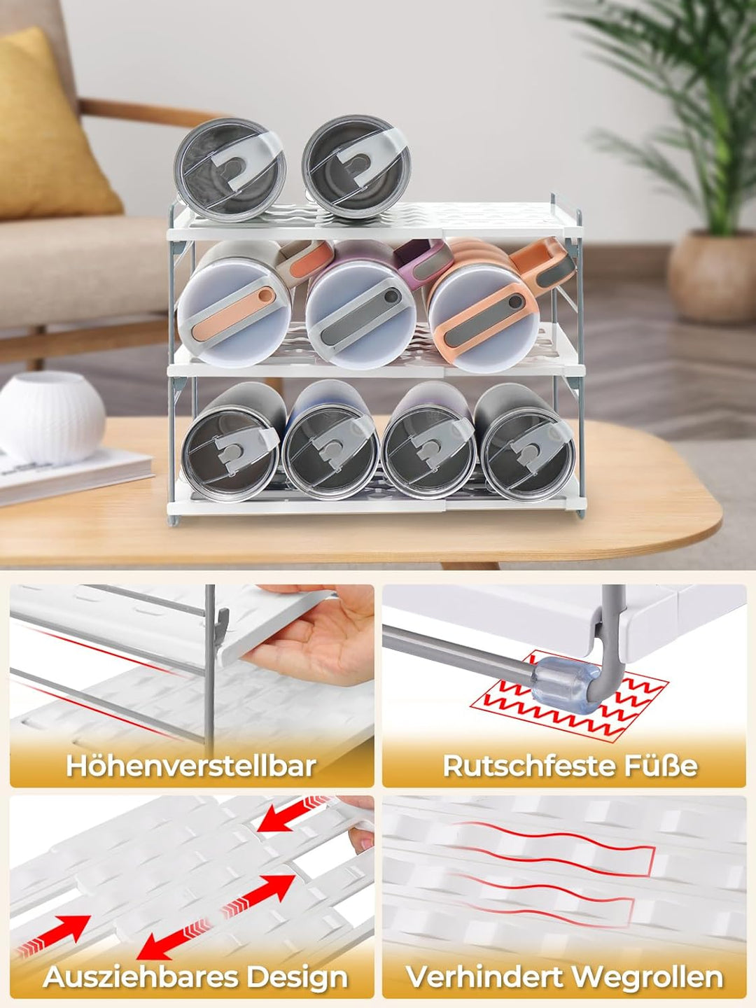mepure 3-schichtiges verstellbares Flaschenregal für Küche und Kühlschrank, ausziehbarer Flaschen-Or