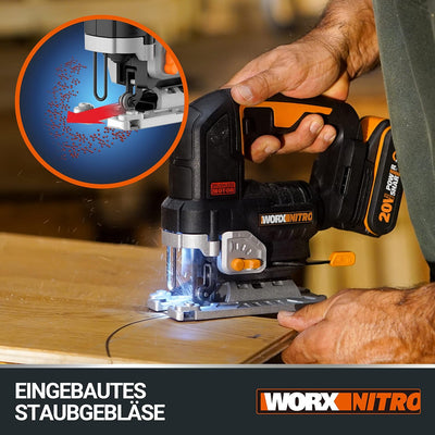 WORX NITRO WX542 Akku-Pendelhub-Stichsäge 20V - Bürstenloser Motor - Profi Stichsäge mit Absaug-Adap