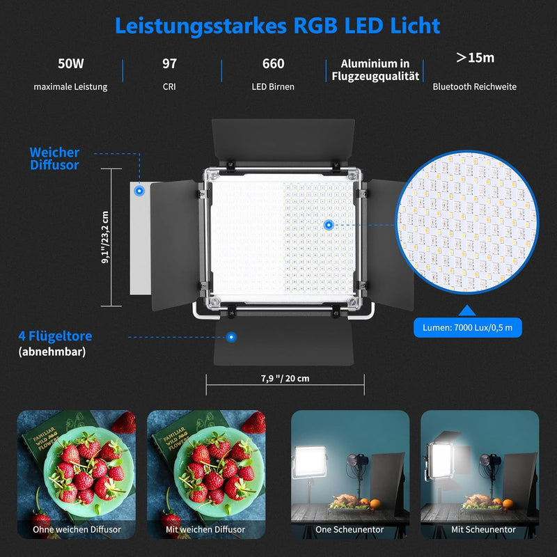 NEEWER 2 x 660 PRO RGB LED Videoleuchte Panel mit Stativ Ständer Set App Steuerung 360° Vollfarbe Vi