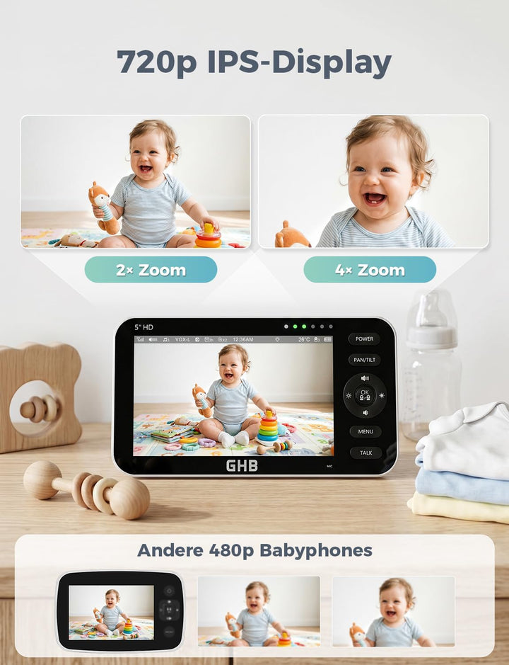 GHB Babyphone mit Kamera 5 Zoll LCD Display Babyphone Kamera VOX-Modus Gegensprechen Nachtsicht Temp
