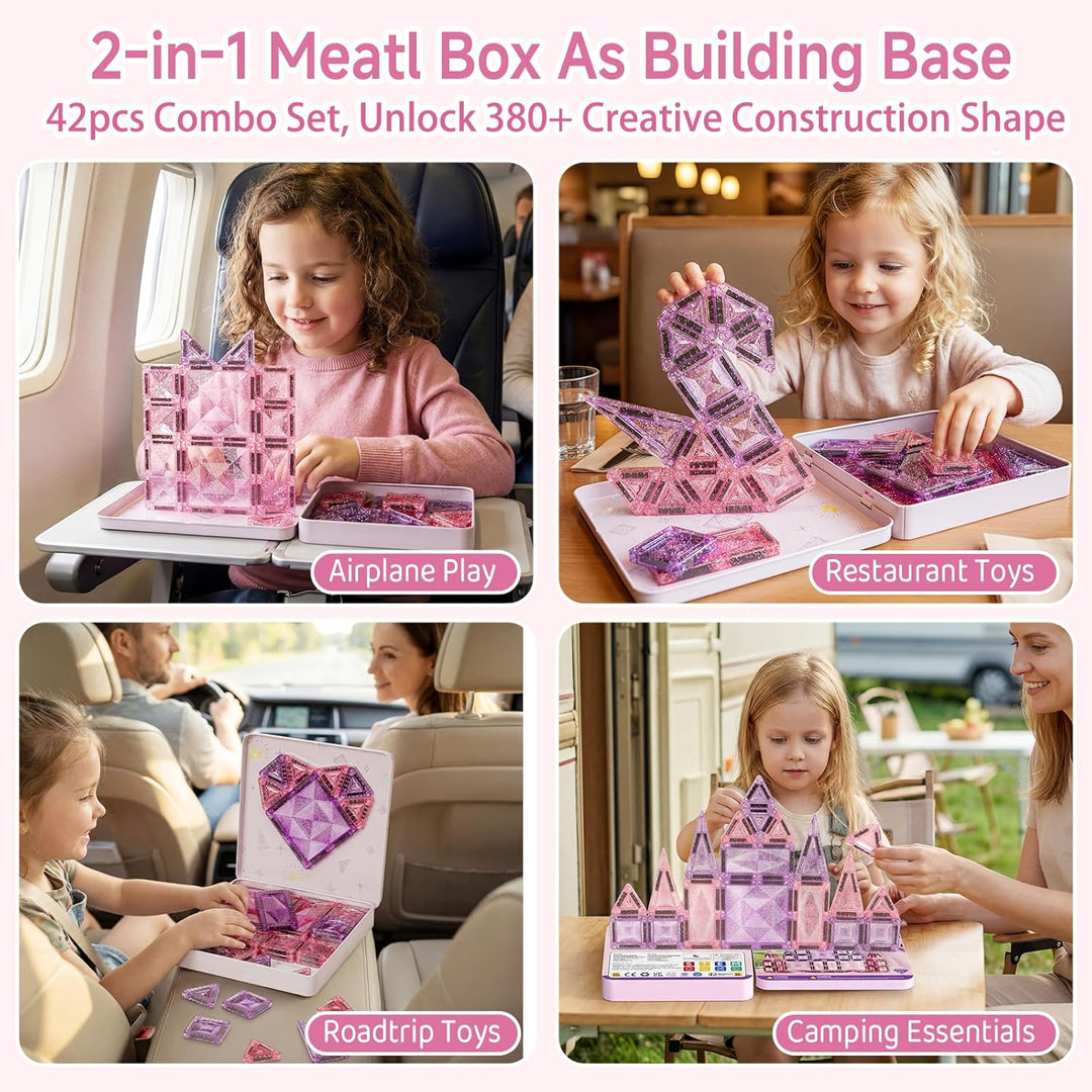 burgkidz Magnetische Bausteine Reisespielzeug für Mädchen: 42 Teile Glitzer Diamant Magnetische Tile