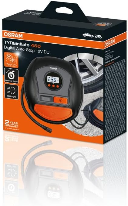 OSRAM TYREinflate 450, Digitale Reifenpumpe mit Auto-Stopp und LED Licht, tragbarer 12V Kompressor f