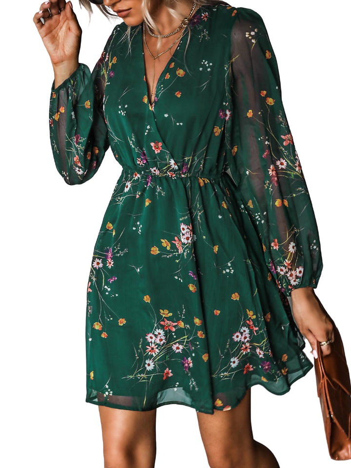 CUPSHE Damen Kleid V Ausschnitt Wickeloptik Transparente Lange Ärmel Blumenmuster Freizeitkleider Wr
