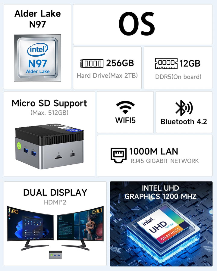 GMKtec Mini-PC N97 mit with Windows 11 Pro, G5 Micro-Desktop-Computer, Intel Alder Lake N97 der 12.