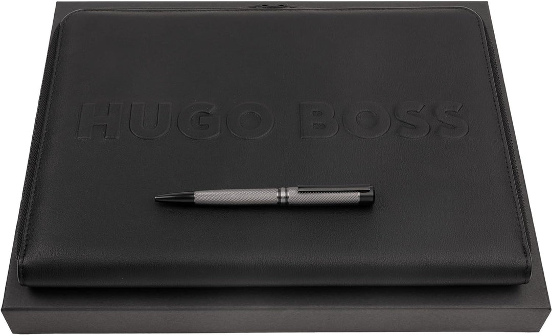 Hugo Boss Schreib-Set Kugelschreiber Filament und A4 Konferenzmappe Label Black in der Geschenkbox,