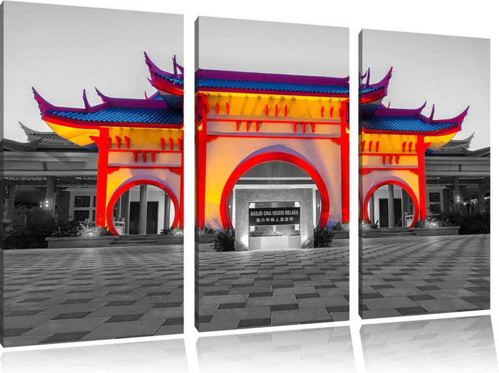 Bunter chinesischer Tempel schwarz/weiss 3-Teiler Leinwandbild 120x80 Bild auf Leinwand, XXL riesige