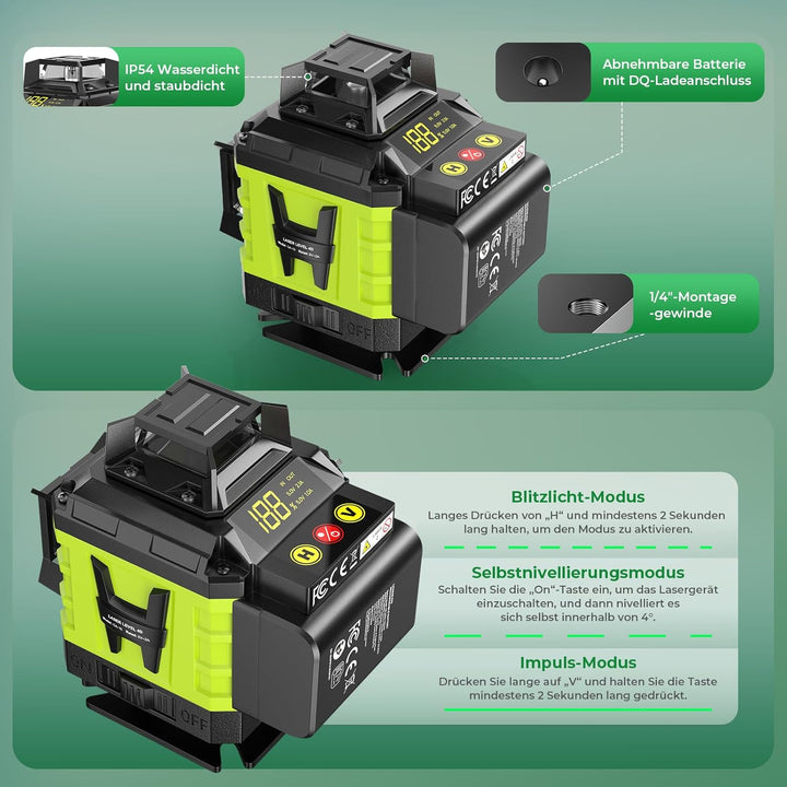 Kreuzlinienlaser Grün 16 Linien Nivellierlaser mit Stativ, 4 x 360 ° Laser wasserwaage, linienlaser