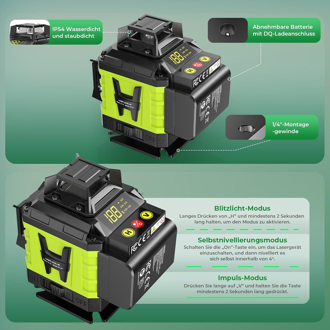Kreuzlinienlaser Grün 16 Linien Nivellierlaser, 4 x 360 ° Laser wasserwaage, linienlaser kreuzlaser
