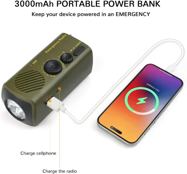 Notfallfunk, tragbares Handkurbelradio mit AM/FM, 3000 mAh wiederaufladbare Powerbank, SOS-Alarm, LE