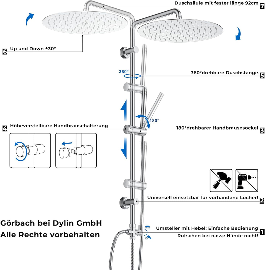 Görbach Edelstahl Duschsystem ohne Armatur, Chrom Regendusche Duschset mit Wandhalterung, Duschkopf