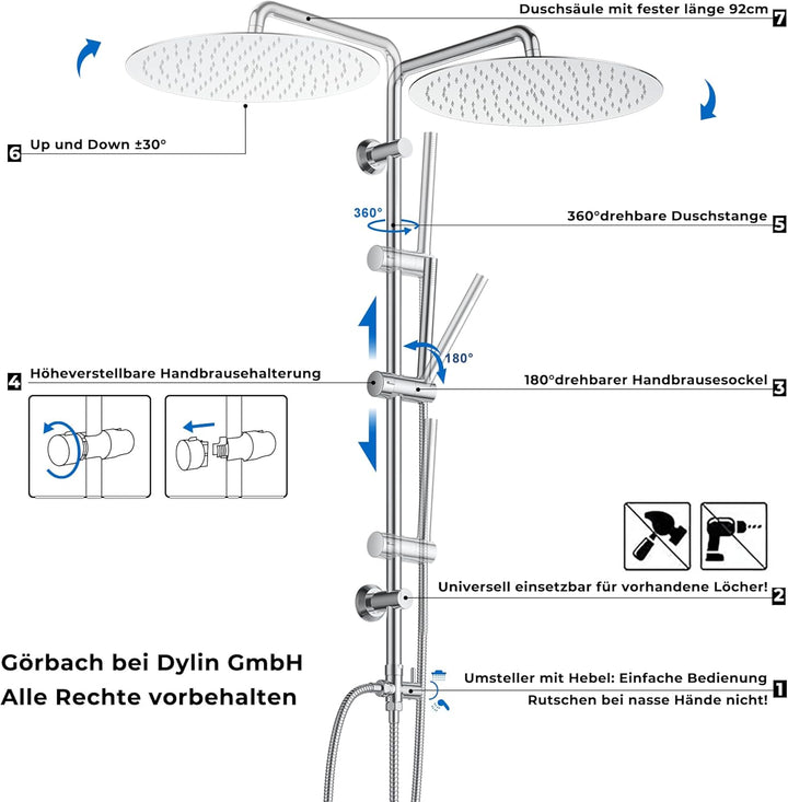 Görbach Edelstahl Duschsystem ohne Armatur, Chrom Regendusche Duschset mit Wandhalterung, Duschkopf