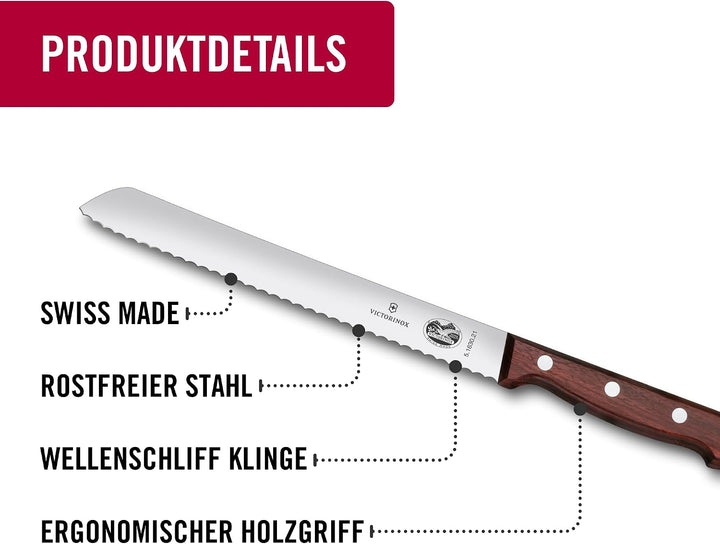 Victorinox, Wood, Profi Brotmesser Wellenschliff, Extra Scharfe Klinge, 21 cm, Edler Holzgriff, Rost