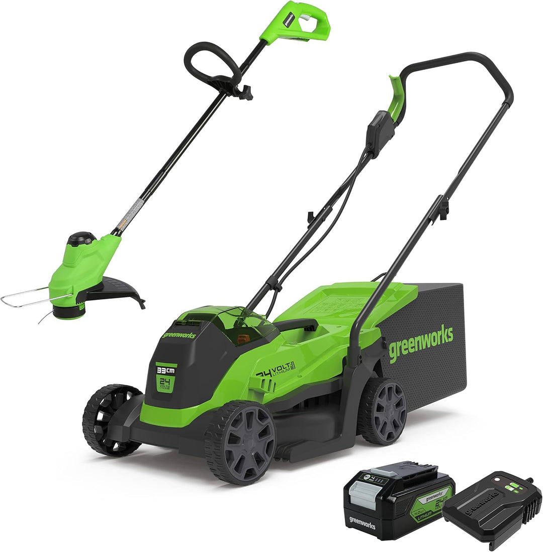 Greenworks Elektro-Rasenmäher 24V 33cm 30L Grasfangbox und Kabelloser Rasentrimmer 25cm automatische