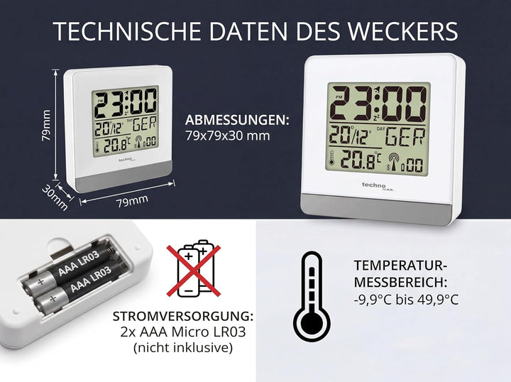 Technoline Funkwecker mit Temperaturanzeige, Weiss, 79 x 79 x 30 mm WT260 weiss, WT260 weiss