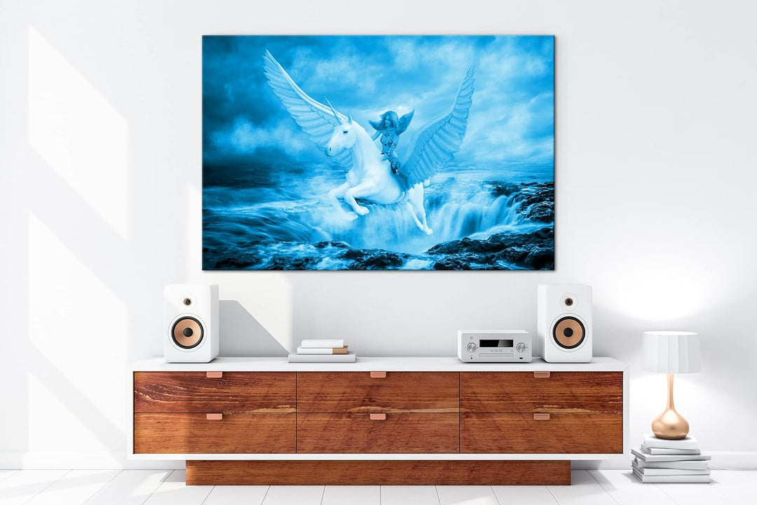 Frau auf dem edlen Pegasus Format: 80x60 Effekt: Monocrome Blau als Leinwand, Motiv fertig gerahmt a