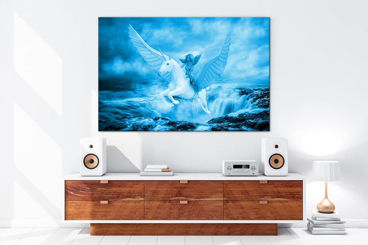 Frau auf dem edlen Pegasus Format: 80x60 Effekt: Monocrome Blau als Leinwand, Motiv fertig gerahmt a