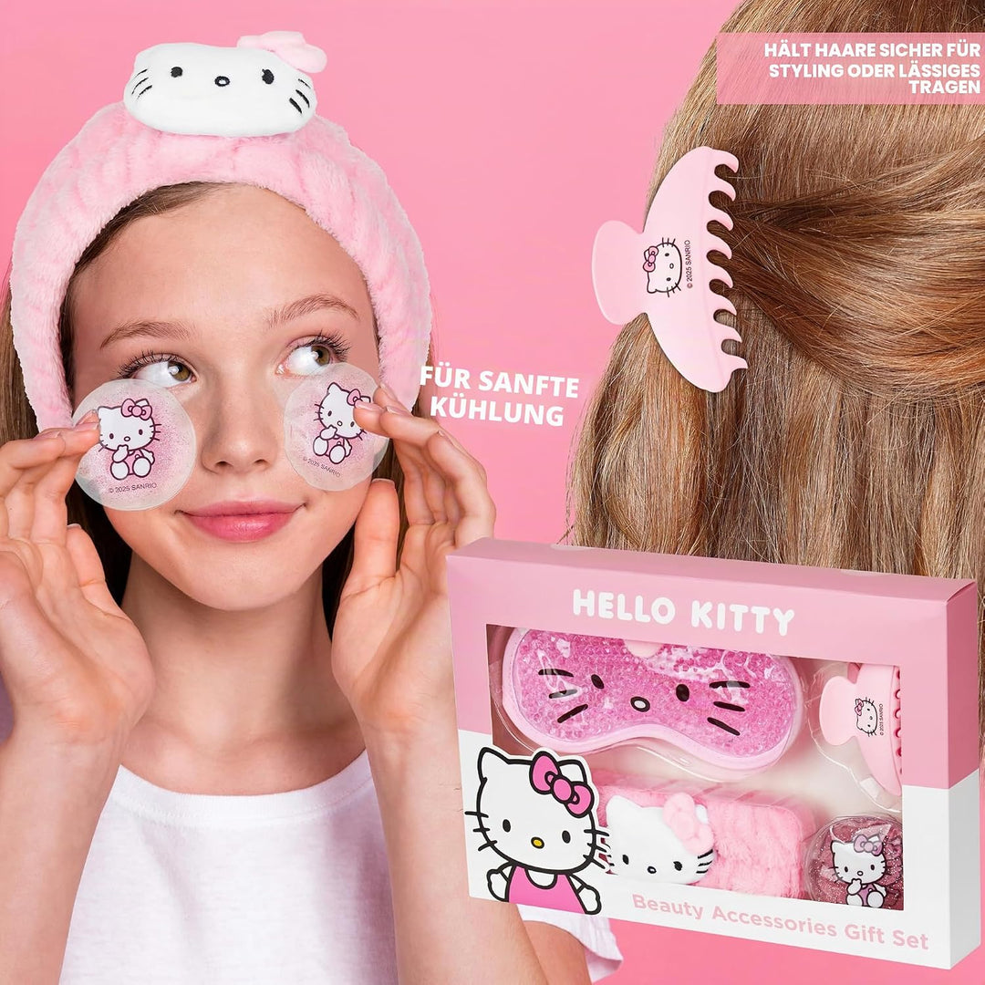Hello Kitty Sanrio Beauty Set mit Gel Augenmaske Kühlend, Augen Pads, Haarband Damen & Haarklammer,