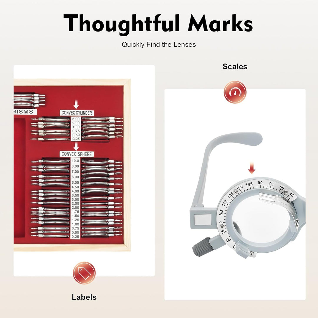104 Stück Testlinsen-Set Optometrie Metall mit Metallrahmen und Aluminiumetui Optometrisches Zubehör