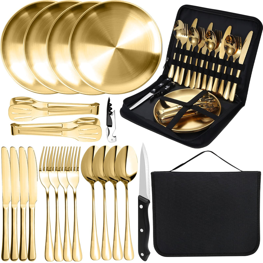 Camping Geschirr Set für 4 Personen, 20 Stück Tragbars Campingbesteck Set aus Edelstahl für Picknick