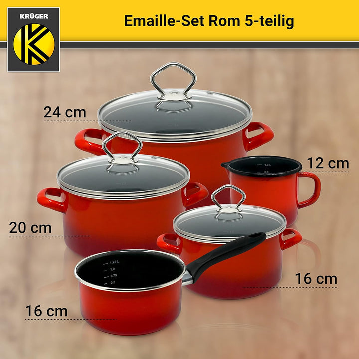 Krüger Emaille-Set Rom 5 teilig - Emaille-Topfset aus Fleischtopf, Stieltopf und Milchtopf - Töpfe m