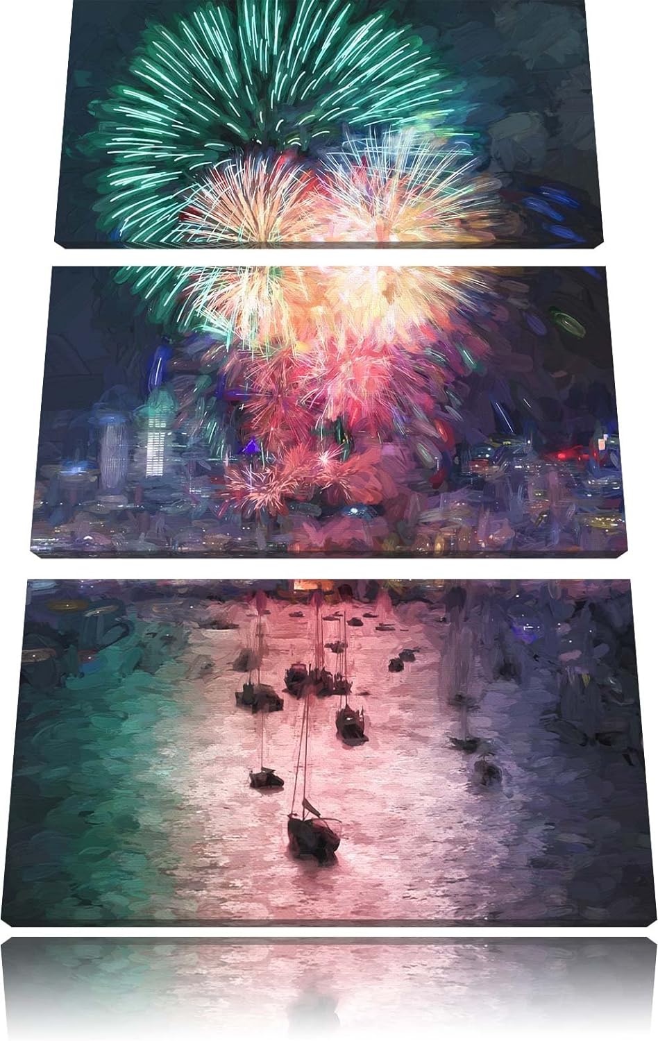 Pixxprint Boot auf See mit Feuerwerk Pinsel Effekt 3-Teiler Leinwandbild 120x80 Bild auf Leinwand