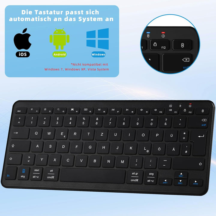 Qulose Kabellose Bluetooth Tastatur, Wiederaufladbare Mini Tastatur Type-C, Funk Tastatur, Ultraslim