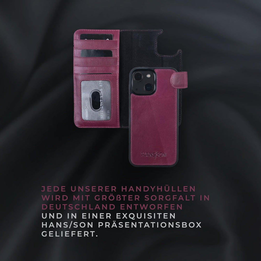HANS/SON Hülle aus Echtleder kompatibel mit iPhone 13, Magenta, Lederhülle mit Kartenfächern, abnehm