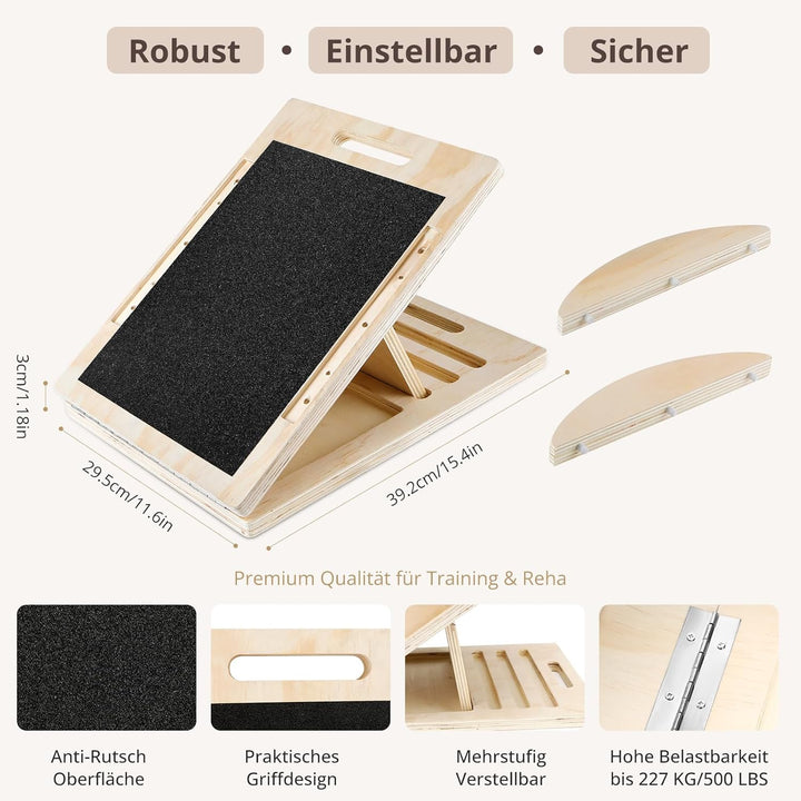 Schrägbrett Holz – Verstellbares Balance Board mit 5 Winkeln (0°–45°) | Waden-Dehner & Stretch Board